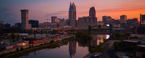 Preview wallpaper towers, buildings, river, reflection, city