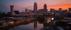 Preview wallpaper towers, buildings, river, reflection, city