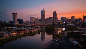 Preview wallpaper towers, buildings, river, reflection, city