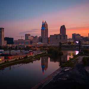 Preview wallpaper towers, buildings, river, reflection, city