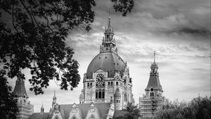 Preview wallpaper towers, chapel, buildings, architecture, black and white