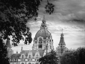 Preview wallpaper towers, chapel, buildings, architecture, black and white