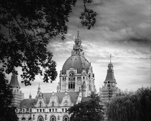 Preview wallpaper towers, chapel, buildings, architecture, black and white