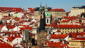 Preview wallpaper towers, church, buildings, houses, architecture, prague, city