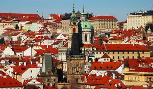 Preview wallpaper towers, church, buildings, houses, architecture, prague, city