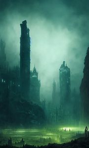 Preview wallpaper towers, fog, glow, art, dark