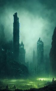 Preview wallpaper towers, fog, glow, art, dark