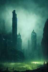 Preview wallpaper towers, fog, glow, art, dark