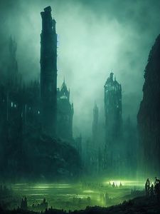 Preview wallpaper towers, fog, glow, art, dark