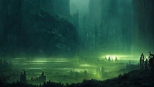 Preview wallpaper towers, fog, glow, art, dark
