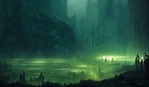 Preview wallpaper towers, fog, glow, art, dark