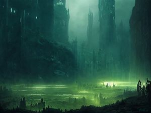 Preview wallpaper towers, fog, glow, art, dark