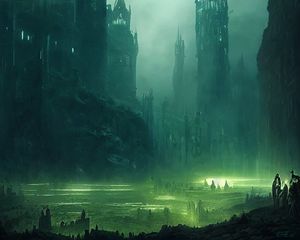 Preview wallpaper towers, fog, glow, art, dark