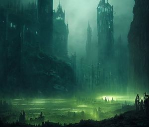 Preview wallpaper towers, fog, glow, art, dark
