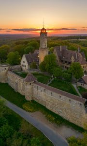 Preview wallpaper towers, house, trees, sunrise, nature