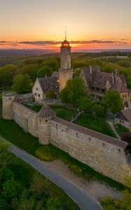 Preview wallpaper towers, house, trees, sunrise, nature