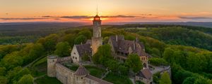 Preview wallpaper towers, house, trees, sunrise, nature