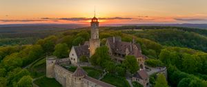 Preview wallpaper towers, house, trees, sunrise, nature