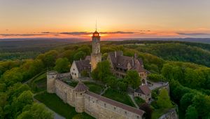 Preview wallpaper towers, house, trees, sunrise, nature