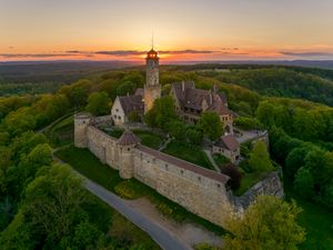 Preview wallpaper towers, house, trees, sunrise, nature