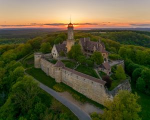 Preview wallpaper towers, house, trees, sunrise, nature