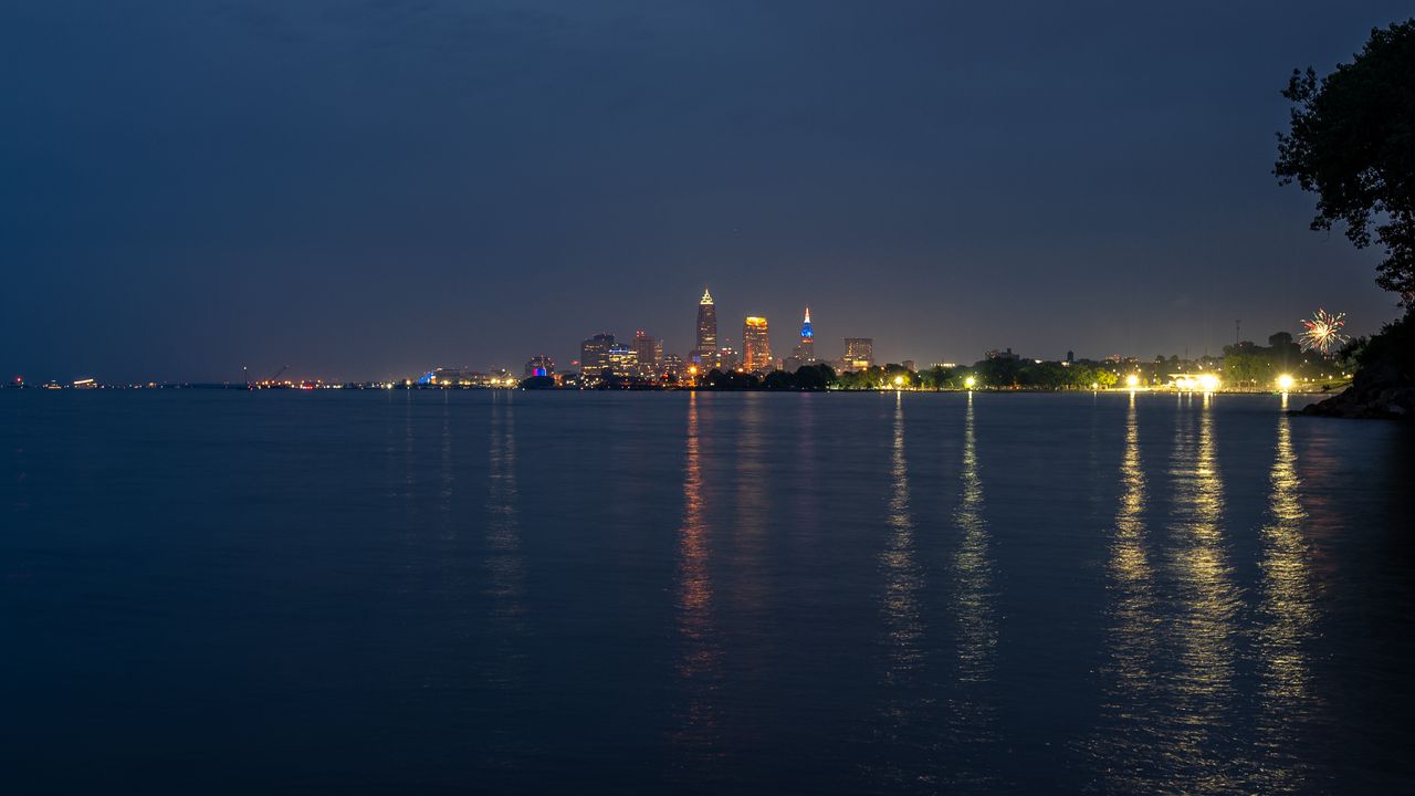 Wallpaper towers, lights, buildings, river, city