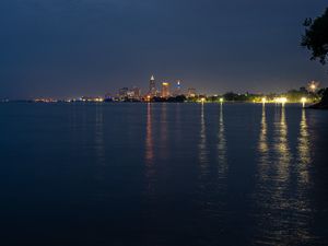 Preview wallpaper towers, lights, buildings, river, city