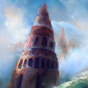 Preview wallpaper towers, ruins, sea, waves, art