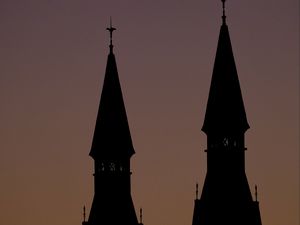 Preview wallpaper towers, silhouettes, evening, sunset, dark