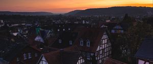 Preview wallpaper town, buildings, aerial view, architecture, sunset, twilight