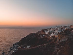 Preview wallpaper town, coast, aerial view, mountains, sea