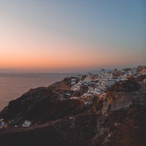 Preview wallpaper town, coast, aerial view, mountains, sea