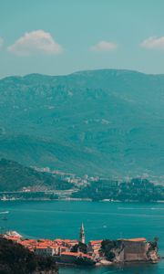 Preview wallpaper town, coast, aerial view, buildings, sea