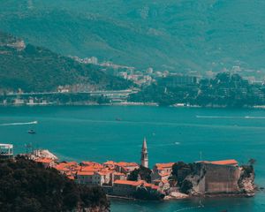 Preview wallpaper town, coast, aerial view, buildings, sea