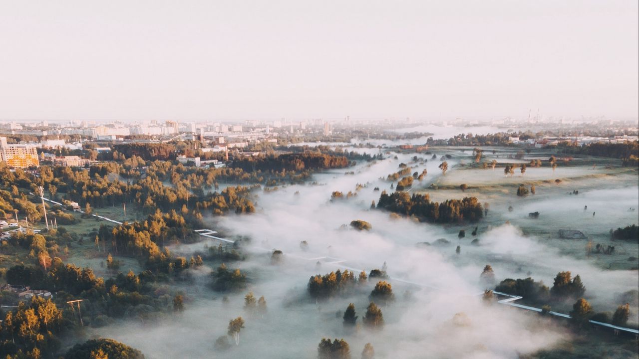 Wallpaper town, fog, aerial view, trees, hills