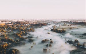 Preview wallpaper town, fog, aerial view, trees, hills