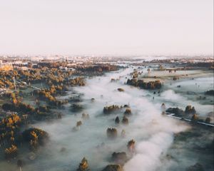 Preview wallpaper town, fog, aerial view, trees, hills