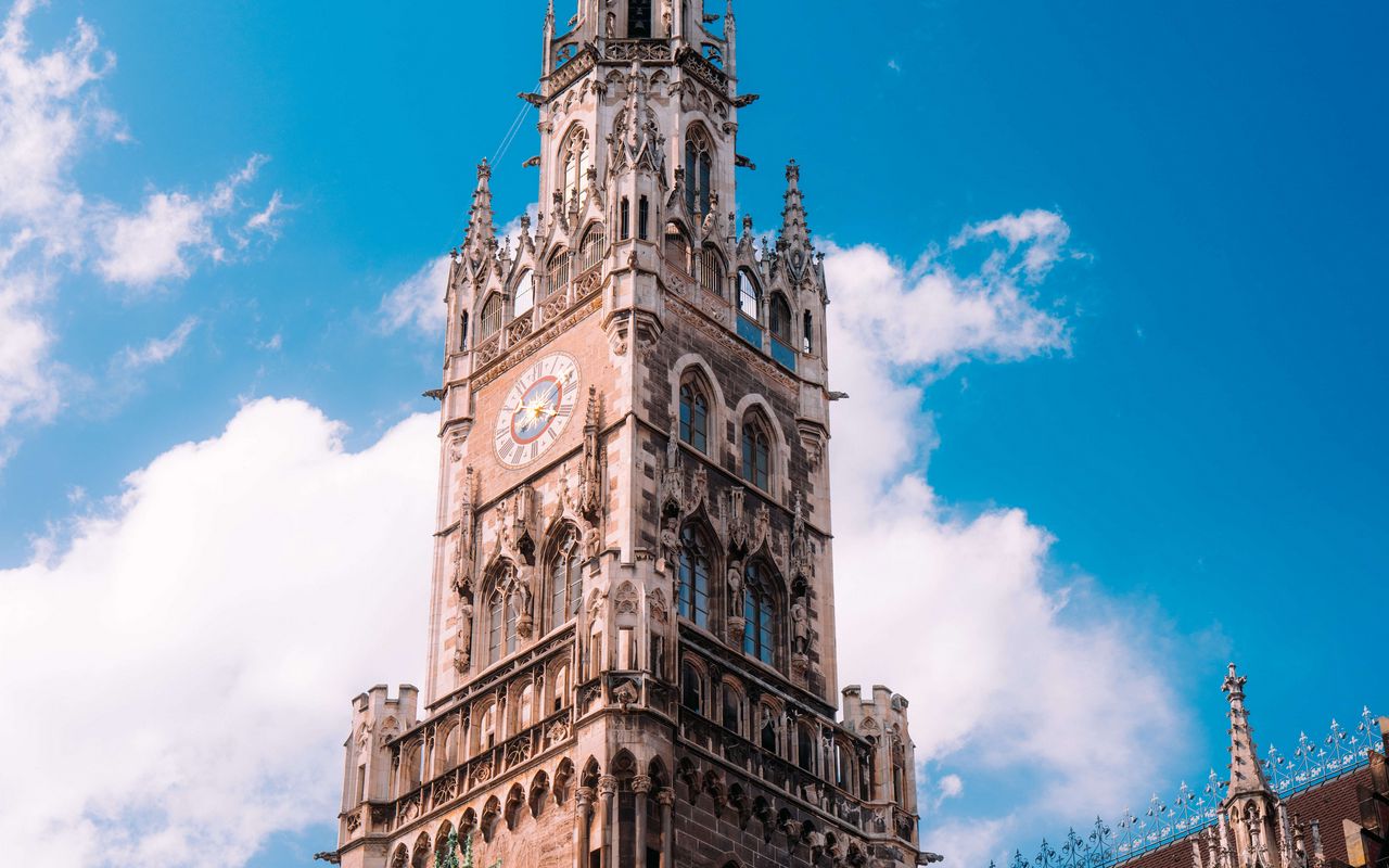 1280x800 Wallpaper town hall, flags, tower, clock, architecture, clouds