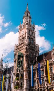 Preview wallpaper town hall, flags, tower, clock, architecture, clouds