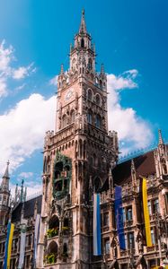 Preview wallpaper town hall, flags, tower, clock, architecture, clouds