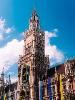 240x320 Wallpaper town hall, flags, tower, clock, architecture, clouds