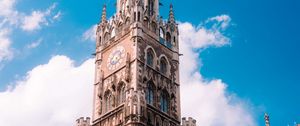 Preview wallpaper town hall, flags, tower, clock, architecture, clouds