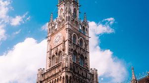 Preview wallpaper town hall, flags, tower, clock, architecture, clouds