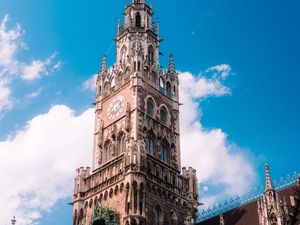Preview wallpaper town hall, flags, tower, clock, architecture, clouds