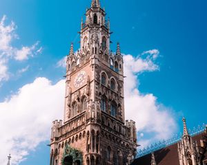Preview wallpaper town hall, flags, tower, clock, architecture, clouds