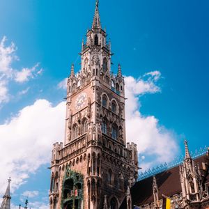 Preview wallpaper town hall, flags, tower, clock, architecture, clouds