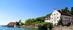 Preview wallpaper town, meersburg, germany, house, trees, nature, water, lake, river