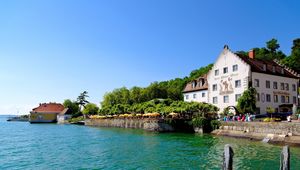 Preview wallpaper town, meersburg, germany, house, trees, nature, water, lake, river