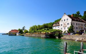 Preview wallpaper town, meersburg, germany, house, trees, nature, water, lake, river