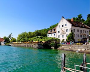Preview wallpaper town, meersburg, germany, house, trees, nature, water, lake, river